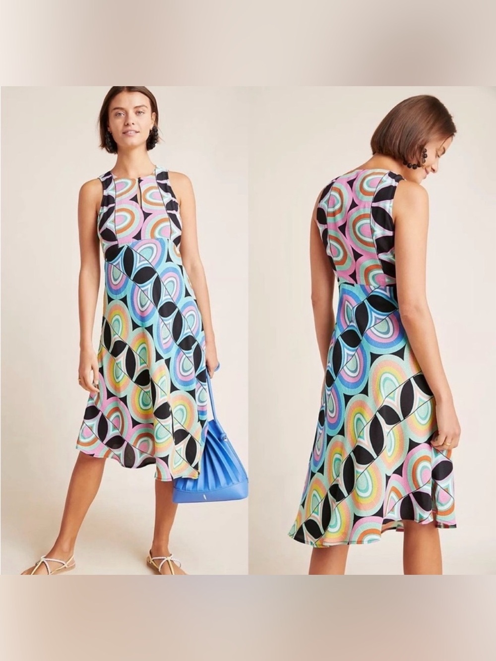 Anthropologie • Sleeveless Geometric Print Midi Retro Mod A-Line Dress • Size 4